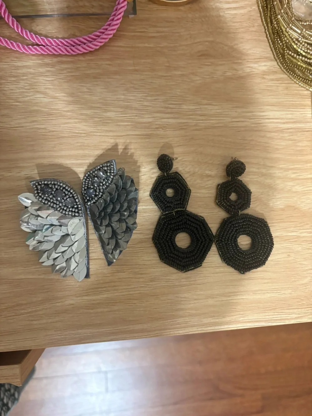 Black Beaded Hexagon Drop Earrings & Silver Butterfly Applique Set